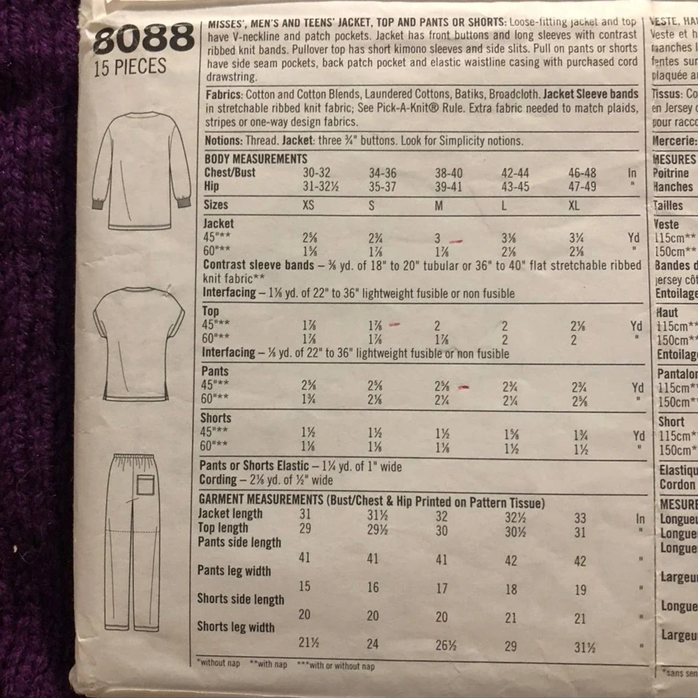 Simplicity sewing pattern  8088 unisex scrubs pants top shorts sz xs s m